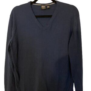 HUGO BOSS Navy Blue Long Sleeve V-Neck Pullover Sweater Shirt Slim  Size Med Sli